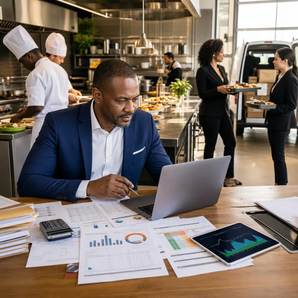 A professional catering business office and commercial kitchen scene, with a confident owner reviewing financial charts and e