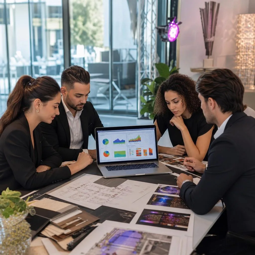 A modern event agency finance meeting in a bright glass-walled office, diverse business owners reviewing a large laptop dashb