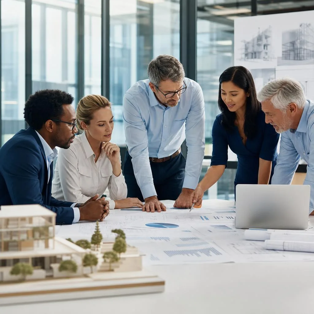 A professional modern business scene inside a bright architecture and engineering firm studio.