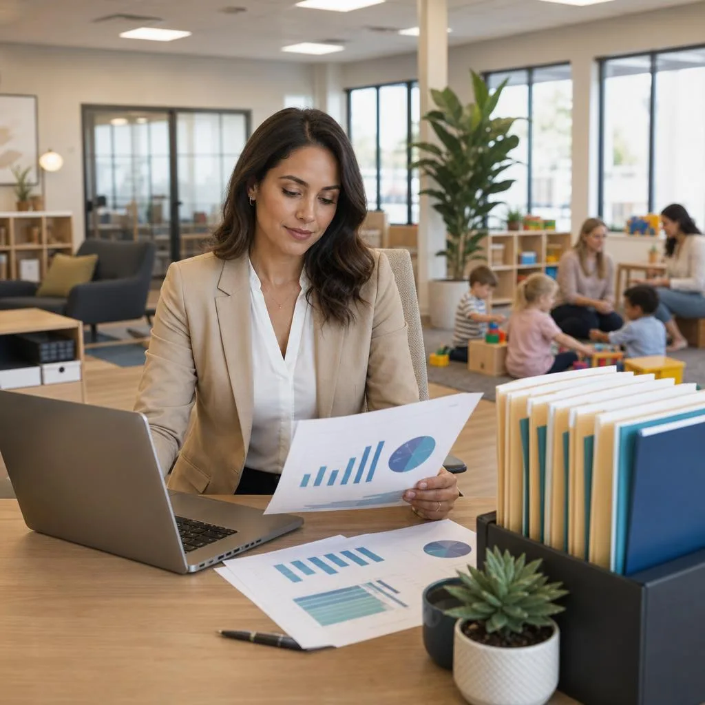 A professional modern childcare center office with a confident business owner reviewing financial charts and a laptop beside