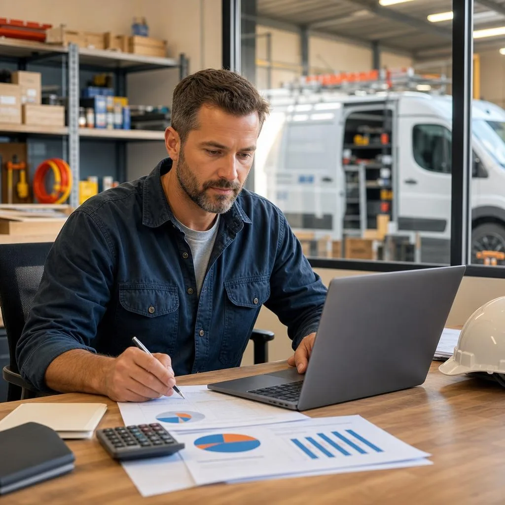 A professional scene inside a modern electrical contracting business office, showing a confident electrician business owner i