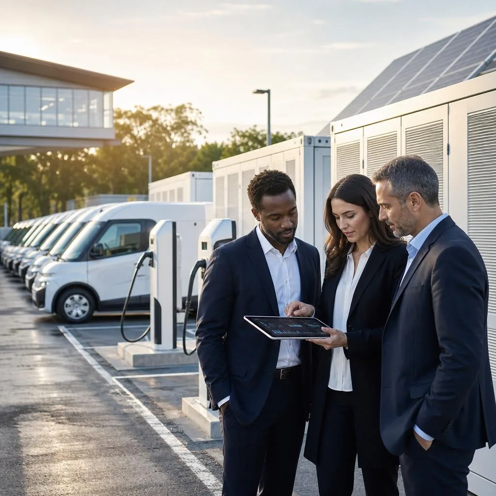 A professional business scene showing a modern electric delivery fleet parked beside a sleek commercial charging hub with int